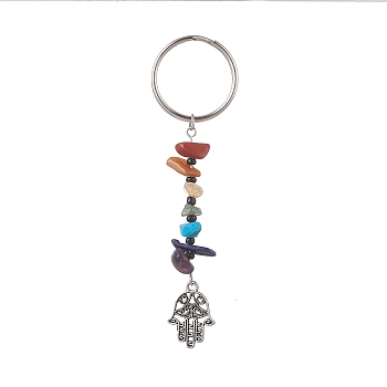 Natural Gemstone Chips Keychains, Alloy Charms Keychains with Iron Split Key Rings, Hamsa Hand, 9.4cm, Charm: 20.5x15x1mm