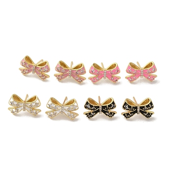 Bowknot Brass Stud Earrings, with Cubic Zirconia Enamel, Cadmium Free & Lead Free, Mixed Color, 11x17mm