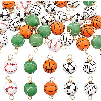 32Pcs 2 Style Natural Wood Pendants & Connector Charms, with Real 18K Gold Plated Copper Wire Wrapped, Round with Ball Pattern, for DIY Jewelry Making Finding Kit, Mixed Color, 23.5~30.5x15~16mm, Hole: 3.5mm