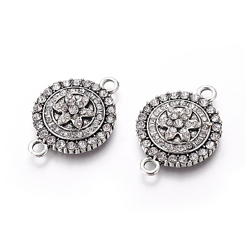Alloy Links Connectors, with Crystal Rhinestone, Flat Round with Flower, Antique Silver, 31x21x4mm, Hole: 3mm