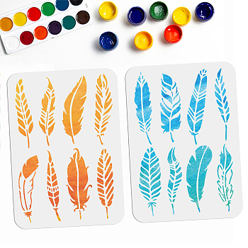 2Pcs 2 Styles PET Hollow Out Drawing Painting Stencils, for DIY Scrapbook, Photo Album, Feather, 297x210mm, 1pc/style