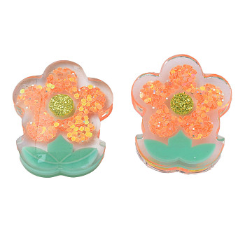 Transparent Epoxy Resin Cabochons, with Paillettes and Glitter Powder, Flower, Coral, 29x23x7mm