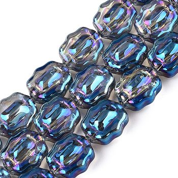 Electroplate Glass Beads Strands, Flower, Steel Blue, 12x10x6~6.5mm, Hole: 1mm, about 55pcs/strand, 26.93''(68.4cm)