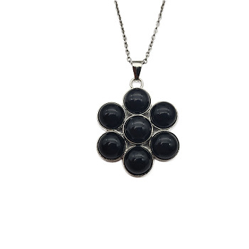 Natural Black Agate Flower Pendant Necklace