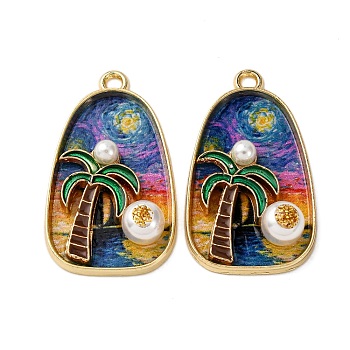 Printed Alloy Enamel Pendants, Oval & Coconut Tree Shape Charms, with ABS Imitation Pearl and Glitter Powder, Rack Plating, Light Gold, Colorful, 31x18x6.5mm, Hole: 2mm