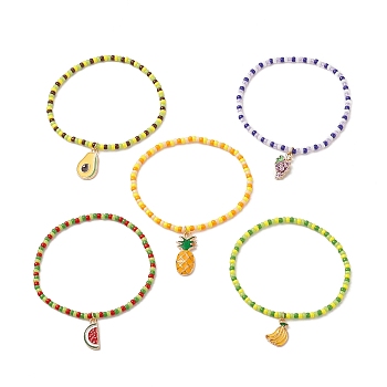 5Pcs 5 Style Japanese Seed Beaded Stretch Bracelets Set, Grape & Pineapple & Avocado & Watermelon & Banana Alloy Enamel Charms Stackable Bracelets for Women, Mixed Color, Inner Diameter: 2-1/8 inch(5.4cm), 1Pc/style