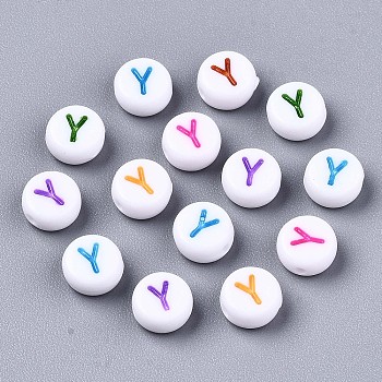 Opaque White Acrylic Beads, Flat Round with Mixed Color Letter, Letter.Y, 7x3.5mm, Hole: 1.2mm, about 4000pcs/500g