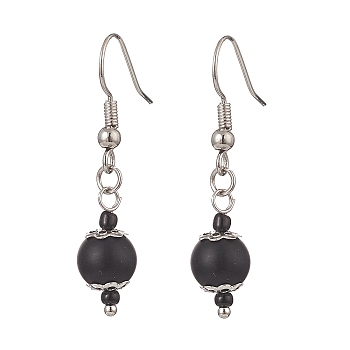 Synthetic Black Stone & Glass Round Beaded Dangle Earrings, Brass Jewelry for Women, Platinum, 37mm, Pin: 0.7mm