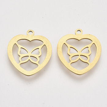 201 Stainless Steel Pendants, Laser Cut Pendants, Heart with Butterfly, Golden, 18x16x1mm, Hole: 1.4mm