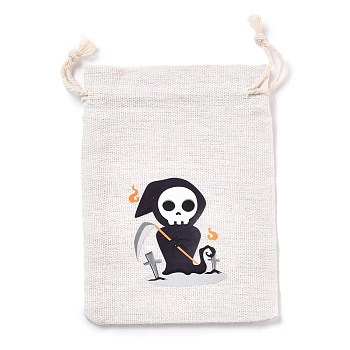 Halloween Cotton Cloth Storage Pouches, Rectangle Drawstring Bags, for Candy Gift Bags, Skull Pattern, 13.8x10x0.1cm