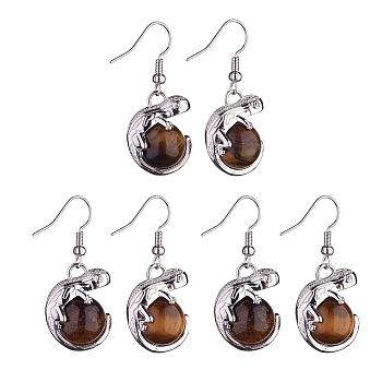 Natural Tiger Eye Chameleon Dangle Earrings with Crystal Rhinestone, Platinum Brass Jewelry for Women, 39mm, Pin: 0.7mm