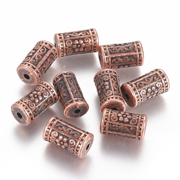 Tibetan Style Alloy Flower Pattern Column Beads, Cadmium Free & Nickel Free & Lead Free, Red Copper, 17x10mm, Hole: 2.5mm, about 120pcs/1000g