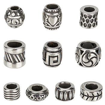 10 Style 304 Stainless Steel European Beads, Large Hole Beads, Antique Silver, 10pcs/box