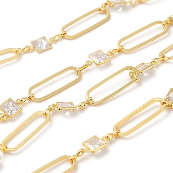 Rack Plating Brass Oval & Rectangle Link Chain, with Cubic Zirconia, Unwelded, Long-Lasting Plated, Lead Free & Cadmium Free, Real 18K Gold Plated, 20x6x1mm, 11x5.5x3mm