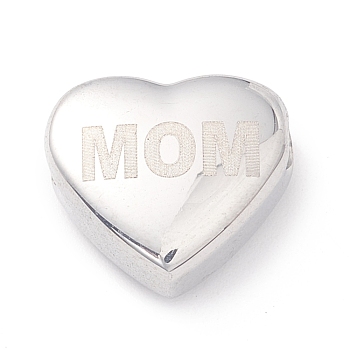 304 Stainless Steel Beads, Heart with Word Mom, Stainless Steel Color, 11x12x5mm, Hole: 2mm