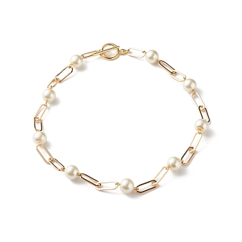 Glass Pearl Beaded Necklaces, with Iron Paperclip Chains, Golden, White, 16.30 inch(41.4cm)