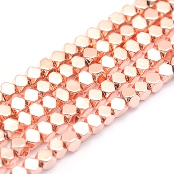 Electroplate Non-magnetic Synthetic Hematite Beads Strands, Grade AA, Long-Lasting Plated, Faceted, Cube, Rose Gold Plated, 4x4x4mm, Hole: 0.8mm, about 96pcs/strand, 15.5 inch