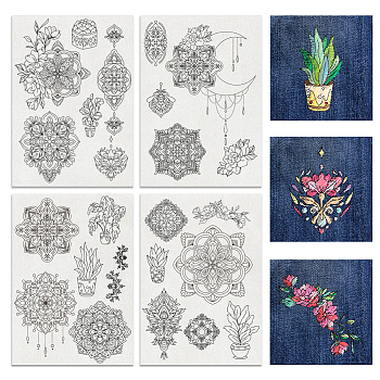 4 Sheets 11.6x8.2 Inch Stick and Stitch Embroidery Patterns, Non-woven Fabrics Water Soluble Embroidery Stabilizers, Floral, 297x210mmm