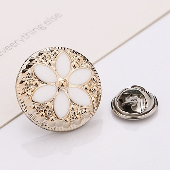 Plastic Brooch, Alloy Pin, with Enamel, for Garment Accessories, Round with Flower, Snow, 25mm