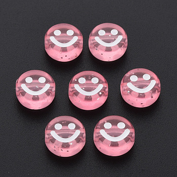 Transparent Acrylic Beads, with Glitter Powder, Flat Round with White Enamel Smile Face, Pink, 10x5mm, Hole: 2mm, about 1450pcs/500g