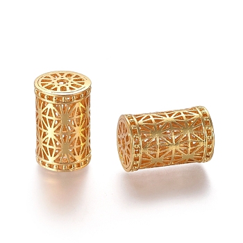 Hollow Brass Beads, Column, Real 18K Gold Plated, 18x12mm, Hole: 2mm