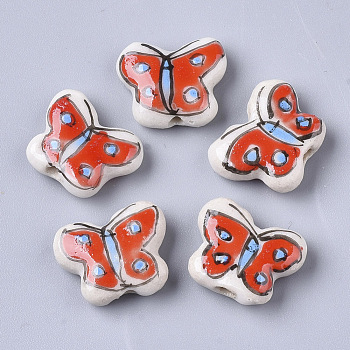 Handmade Porcelain Beads, Famille Rose Style, Butterfly, Red, 13~14x16~17x5.5mm, Hole: 1.5~1.8mm