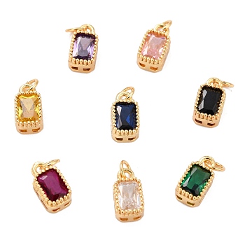 Real 18K Gold Plated Brass Inlaid Cubic Zirconia Charms, with Jump Ring, Long-Lasting Plated, Rectangle, Mixed Color, 9.5x5x3.5mm, Jump Ring: 4x0.5mm, 2.5mm Inner Diameter