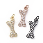 Brass Micro Pave Cubic Zirconia Pendants, with Jump Rings, Cadmium Free & Lead Free, Bone, Clear, Mixed Color, 19.5x8x3mm, Hole: 1.6mm(ZIRC-G157-24-02)
