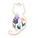 Alloy Enamel Pendants, Golden, Cat with Flower, Lilac, 30x16x2.5mm, Hole: 2mm(ENAM-CJC0002-25G-02)