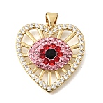 Brass Micro Pave Cubic Zirconia Pendants, Evil Eye with Heart Charms, with Rhinestone and Polymer, Cadmium Free & Lead Free, Real 18K Gold Plated, Rack Plating, Long-Lasting Plated, Pink, 23.5x22.5x4mm, Hole: 3.5x4mm(KK-C255-19G-01)
