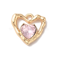 Rack Plating Alloy Pandants, with Glass, Nickel Free, Heart Charms, Golden, Pink, 19x19x5mm, Hole: 2.3mm(PALLOY-Q443-04G-02)