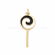 Brass Enamel Pendants, with Jump Ring, Cadmium Free & Nickel Free & Lead Free, Lollipop, Real 16K Gold Plated, Black, 30x12.5x1.5mm, Jump Ring: 5x1mm, 3mm inner diameter(KK-S362-033D-NR)