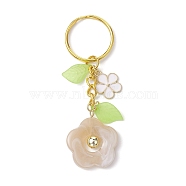 Flower Acrylic Imitation Gemstone Pendant Keychain, with Alloy Enamel Charm and Iron Split Key Rings, Beige, 8cm(KEYC-JKC00692-03)