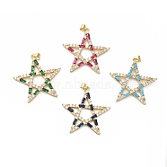 Rack Plating Brass Micro Pave Cubic Zirconia Pendants, Real 18K Gold Plated, Long-Lasting Plated, Lead Free & Cadmium Free, Star, Mixed Color, 34x34x3mm, Hole: 4x4mm(KK-E281-09G)