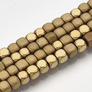 Electroplate Non-magnetic Synthetic Hematite Bead Strands, with Matte Style, Cube, Golden Plated, 3x3x3mm, Hole: 1mm, about 142pcs/strand, 15.7 inch(G-Q467-11F)