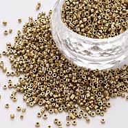 Glass Cylinder Beads, Seed Beads, Metallic Colours, Baking Paint, Round Hole, Goldenrod, 1.5~2x1~2mm, Hole: 0.8mm, about 8000pcs/bag, about 1pound/bag(SEED-S047-B-008)