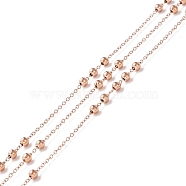 Ion Plating(IP) 304 Stainless Steel Satellite Chains, Cable Chains with Round Beads, Soldered, with Spool, Rose Gold, Link: 1.5x1x0.2mm, Beads: 3mm, about 32.8 Feet(10m)/roll.m(STAS-I186-03RG)