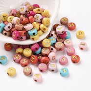 Opaque Mixed Color Acrylic Beads, Metal Enlaced, Flat Round with Random Letters, Golden Plated, 7x4mm, Hole: 1.8mm, about 3700pcs/500g(MACR-Q242-011A)