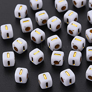 Opaque White Acrylic Beads, Metal Enlaced, Cube with Letters, Letter.I, 4.5mm, Hole: 2mm, about 5000pcs/500g(MACR-Q242-010I)