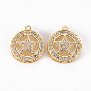 Brass Micro Pave Clear Cubic Zirconia Pendants, Flat Round with Star, Real 18K Gold Plated, 17.5x15x4mm, Hole: 1.2mm(ZIRC-S068-028-NF)