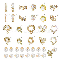 22Pcs 11 Style Alloy Stud Earrings, with Imitation Pearl Beaded & Horizontal Loops & 44Pcs Resin Imitation Pearl Earring Nuts, Triangle & Flower & Shell & Gourd & Butterfly & Bowknot, Golden, 8~16x3.5~14mm, Hole: 0.8~2mm, Pin: 0.7~0.8mm, 2Pcs/style(FIND-TA0002-47)