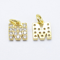 Brass Micro Pave Grade AAA Cubic Zirconia Charms, Letter M, Cadmium Free & Nickel Free & Lead Free, Real 18K Gold Plated, 8x7x1.5mm, Hole: 2mm(X-ZIRC-P067-11G-M-NR)