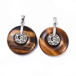 Natural Tiger Eye Pendants, with Platinum Tone Brass Findings, Donut/Pi Disc with Aum/Om Symbol, 35.5x30x8.5~9.5mm, Hole: 4.5x6.5mm(G-F640-F03)