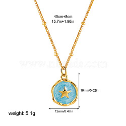 304 Stainless Steel Enamel Flat Round Pendant Necklaces for Women, Real 18K Gold Plated, Star, 15.75 inch(40cm)(FS-WGF87E1-04)
