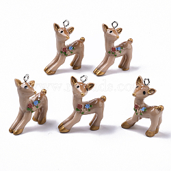 Resin Pendants, with Platinum Tone Iron Loops, Sika Deer, Camel, 30.5~31.5x25x13.5mm, Hole: 2mm(X-RESI-T028-67)