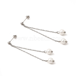 Glass Pearl Tassel Dangle Stud Earrings, 304 Stainless Steel Jewelry for Women, Stainless Steel Color, 60~65mm, Pin: 0.7mm(EJEW-P219-20P)