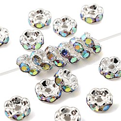 Brass Rhinestone Spacer Beads, Grade AAA, Wavy Edge, Nickel Free, Silver Color Plated, Rondelle, Crystal AB, 6x3mm, Hole: 1mm(RB-A014-L6mm-28S-NF)