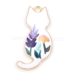 Alloy Enamel Pendants, Golden, Cat with Flower, Lilac, 30x16x2.5mm, Hole: 2mm(ENAM-CJC0002-25G-02)