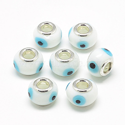 Handmade Evil Eye Lampwork European Beads, with Brass Double Cores, Large Hole Beads, Rondelle, Platinum, White, 14~15x10~11mm, Hole: 5mm(X-LAMP-T004-28C)