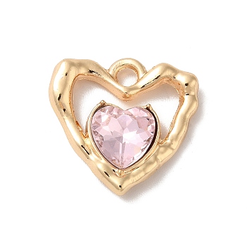 Rack Plating Alloy Pandants, with Glass, Nickel Free, Heart Charms, Golden, Pink, 19x19x5mm, Hole: 2.3mm